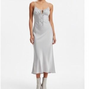 Aritzia Wilfred Bellow Dress 12 Ruched‎ Bodice Midi Bias Cut Gray Smocked Back